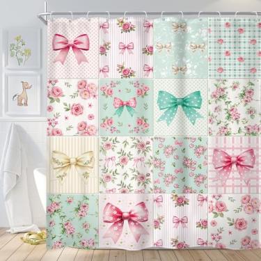 Imagem de Newsely Cortina de chuveiro floral com laço 182 cm L x 182 cm rosa fofa retrô xadrez colorido flor verde adorável feminino elegante bonito conjunto de banheiro meninas mulher à prova d'água acessórios