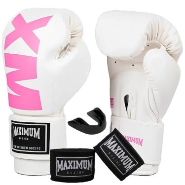Imagem de Kit Luva de Boxe Muay Thai Feminina MXM Branco e Rosa + Bandagem 3m + Protetor Bucal - Maximum-Feminino
