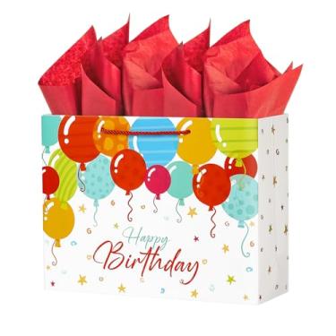 Imagem de Ssyuysto Saco grande de presente de aniversário, balão de presente de feliz aniversário, com etiquetas de papel de seda, saco vermelho para presente de festa com alças de corda para mulheres, homens
