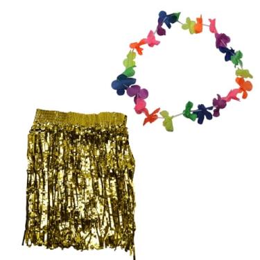 Imagem de Kit Fantasia de Carnaval Colar Saia Havaiana 60x40Cm Dourada