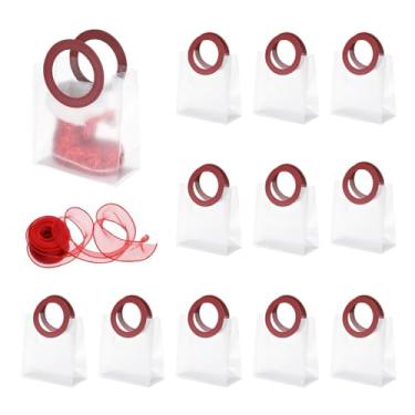 Imagem de PATIKIL Sacos de presente transparentes reutilizáveis com alça e fita, 12 peças de sacolas de plástico para doces e doces para festa de celebração de aniversário de casamento, vermelho (16 cm x 15 cm