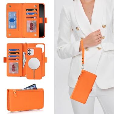 Imagem de Jaorty Capa carteira destacável para iPhone 16 Pro Max, [compatível com MagSafe] [porta-cartão] [bolso com zíper], bolsa flip de couro PU 2 em 1, capa magnética com alça de pulso, laranja licor