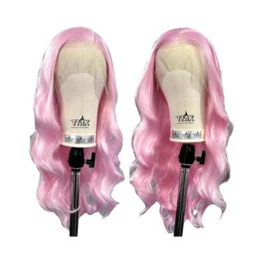 Imagem de Peruca Sintética Longa Rosa Pastel Ondulada Para Mulheres Com Parte Li