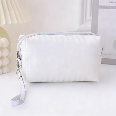 Imagem de Bolsa de cosméticos de poliuretano chique – Design de listras verticais, bolsa de maquiagem impermeável de grande capacidade para viagens e uso diário (branca)