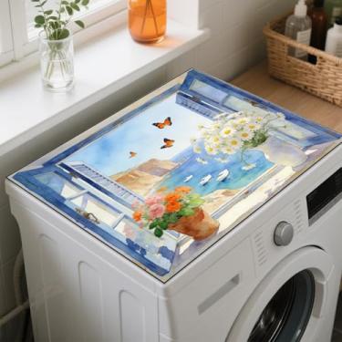Imagem de GLOBLELAND Tapete de proteção contra poeira para lavadora e secadora com vista de janela, 59,9 x 49,8 cm, flores de verão, borboleta, protetor superior para máquina de lavar, antiderrapante, para