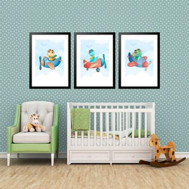 Imagem de Kit 3 Quadros Grandes Quarto Infantil Dinos Avião 60X48Cm