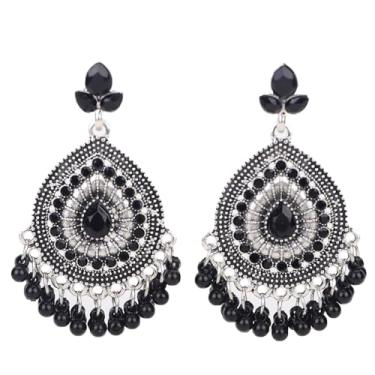 Imagem de fxmimior Brincos de pingente boho indiano Jhumki com pingente de lágrima, folha de cristal boêmio, jhumka, cigano, declaração étnica, sino, miçanga, borla, brincos para mulheres, festas, festivais