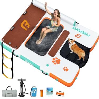 Imagem de FBSPORT Doca flutuante inflável de 3 m, rampa de barco para cães em uma, jangadas flutuantes, rampa de piscina para cães com rede de água, jangada de água inflável com plataforma de ilha com escada