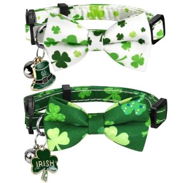 Imagem de G-ficu Pacote com 2 coleiras de gato para Dia de São Patrício com pingente de sino de gravata borboleta, trevo da sorte verde, coleiras natalinas para meninas, meninos, gatos, gatinhos, com fivela de