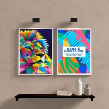 Imagem de Kit 2 Quadros Leão Colorido Persistência 33x24cm - Com Vidro