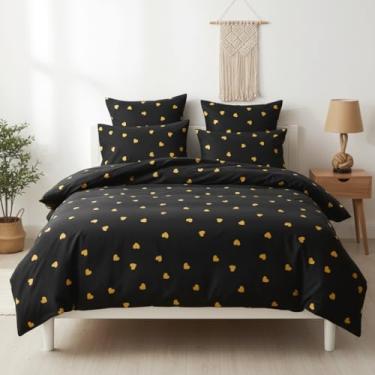 Imagem de Jolusere Jogo de cama Queen com 3 peças de capa de edredom de coração preto dourado com 2 fronhas (sem edredom)