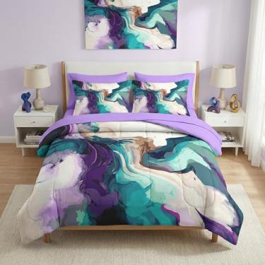 Imagem de Pamnest Jogo de lençol Queen com estampa de mármore, colorido, dourado, 7 peças, pedra azul multicolorida com elástico, 2 fronhas e 2 fronhas para decoração de quarto