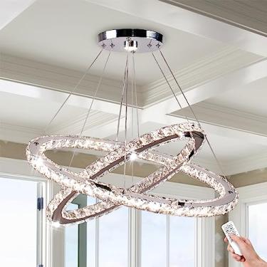 Imagem de Finktonglan Lustre de cristal regulável, lustre de LED oval moderno de 2 anéis com controle remoto e aplicativo, luz pendente ajustável de 59,9 cm + 50,8 cm, 3 CCT 2500K/4500K/6500K, cozinha ilha sala