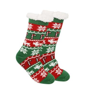 Imagem de YMMMY ROSE Meias femininas felpudas e fofas de Natal com forro de lã de ovelha macia com aderência, meias antiderrapantes, Floco de neve listrado, M