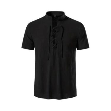 Imagem de Camisa Retro Masculina De Algodão E Linho Leve Com Decote Em V E Manga