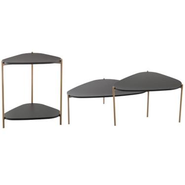 Imagem de Kit 02 Mesas De Centro E 01 Mesa Lateral Pés Metálicos Adek A03 Nero Dourado - Lyam Decor