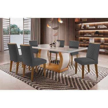 Imagem de Conjunto Mesa Sala Jantar Jade Tampo Madeirado Com Vidro Reto 180x90 E 6 Cadeiras Jade Capuccino Suede Grafite Rufato