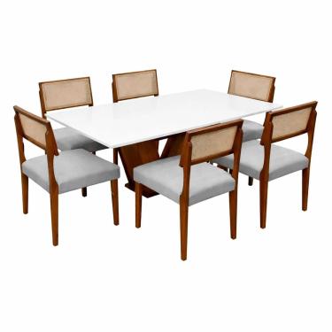 Imagem de Mesa de Jantar Classic 160x80cm com Vidro e 6 Cadeiras Grecia em Linho Madeira Cel Móveis Cor Cinamomo Off White com Tecido Cinza