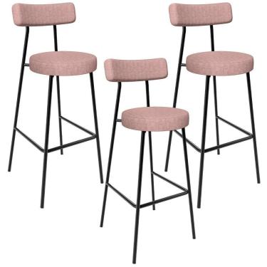 Imagem de Kit 03 Banquetas Alta Bar Cozinha Sala De Jantar Aço Milão L02 Linho Rosa - Lyam Decor