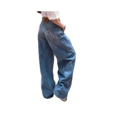 Imagem de Calças Jeans Azuis De Cintura Alta Com Corte Reto, Estilo Y2K Retro, C