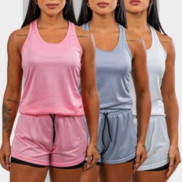 Imagem de KIT 3 Conjuntos Feminino Fitness  Regata Nadador + Short com Bermuda d