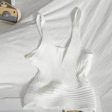 Imagem de Top Cropped Feminino De Malha Canelada Com Decote V Sem Mangas, Transp