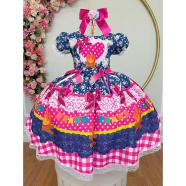 Imagem de Vestido Xadrez Festa Junina Infantil Azul Pink Coração Junino Caipira 