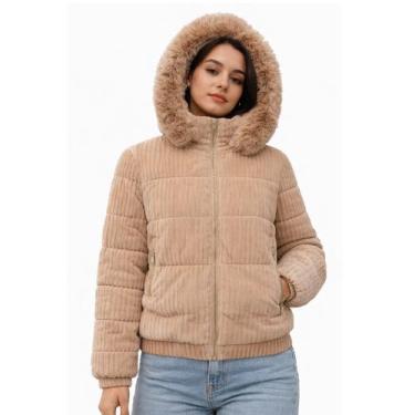 Imagem de Blusa De Frio Jaqueta Feminina Puffer Com Touca Peluciada Capuz Removí