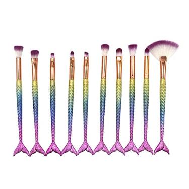 Imagem de Legou Kit 14 Pinceis para Maquiagem Sereia,Pincel para corretivo cosmético, ferramentas de cosméticos de beleza,Premium cerdas sintéticas para cosméticos coloridos, base Kabuki, blush - E