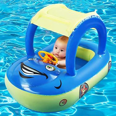Imagem de Bóia de piscina inflável para bebê com dossel, barco em forma de carro para bebês nadar com guarda-sol Assento de segurança para criança infantil anel de natação piscina bóias de primavera verão praia brincar ao ar livre (azul)