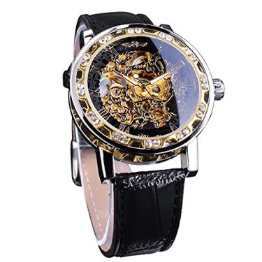 Imagem de Winner Relógio de Pulso Mecânico Retrô Manual com Diamante e Flor Esculpida Artesanal Relógio de Pulso Masculino Esqueleto Mecânico Clássico Número Romano, Preto, dourado, Relógio esqueleto