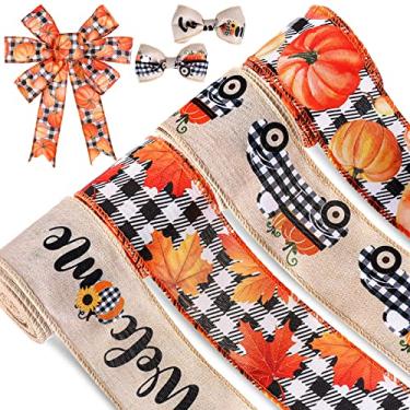Imagem de Whaline 30 jardas outono ação de graças fita com borda com fio branco preto búfalo xadrez fita folhas de outono caminhão abóbora fita de artesanato rústica vintage rústica fita de embrulho para guirlanda arco floral, 4 rolos