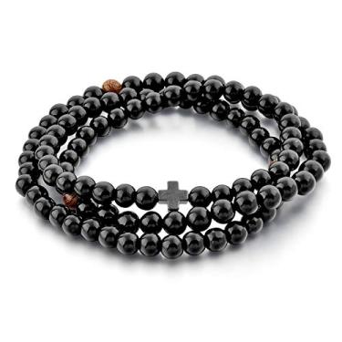 Imagem de St John the Baptist Orthodox Brotherhood Pulseira de corda com contas de oração cristã – 100 contas de vidro preto + 3 contas de madeira + cruz de hematita – mulheres homens – 6 mm vidro preto 100