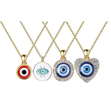 Imagem de Conjunto de colar com 4 peças de olho turco para mulheres e homens, meninas, banhado a ouro 14 K com pingente de olho azul turco Amuleto corrente Ojo presente de proteção