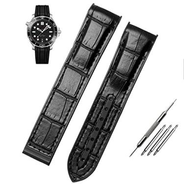 Imagem de JWTPRO Pulseira à prova d'água extremidade curvada couro genuíno pulseira de relógio para Omega Seamaster 007 pulseira de pulso com fivela dobrável (cor: preto sem fecho, tamanho: 20mm)
