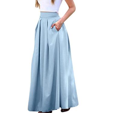 Imagem de Saia plissada feminina grande, cor lisa, bolso de cintura alta, meia saia plissada, saia peluda para mulheres, Azul-celeste, P