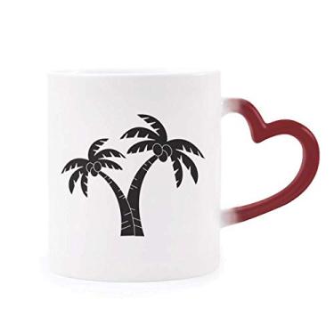 Imagem de Caneca sensível ao calor com desenho de planta de coqueiro, copo de grés que muda de cor vermelha