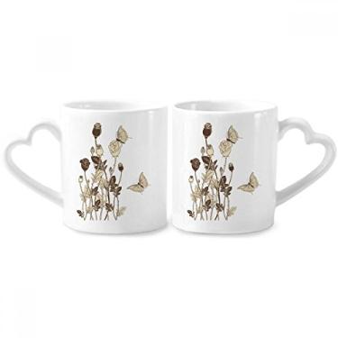 Imagem de Conjunto de canecas de porcelana para casais de flores de borboletas de rosa com alça de coração