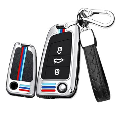Imagem de HIBEYO Capa de chave flip para VW Golf 7 capa de chave de carro para Volkswagen Polo Tiguan MK7 sagitar T-ROC Lavida acessórios liga + TPU protetor duplo chave shell capa-B chaveiro prata
