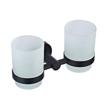 Imagem de Acessório de banho preto fosco Rack de barra de toalha de latão com cabide Suporte de rolo de papel higiênico Gancho de robe Prateleira de secador de cabelo Hardware de banheiro, suporte de copo duplo