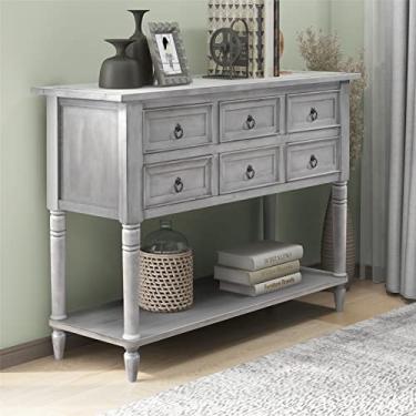 Imagem de Mesa de console moderna de 117 cm com 6 gavetas e 1 prateleira aberta, mesa longa para sofá/corredor com estante aberta para escritório, casa, cozinha, quarto, sala de estar (cinza) (cinza)