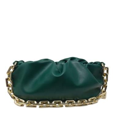 Imagem de Bolsa feminina de corrente | Bolsa clutch de bolinho em forma de nuvem | Bolsa de ombro com elos de corrente franzidos, Verde esmeralda