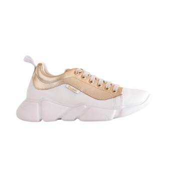 Imagem de Tênis Feminino Plataforma Confortável Branco Com Dourado (Dourado, BR, Adulto, Numérico, 36)