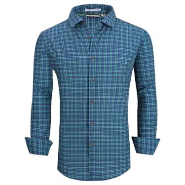 Imagem de Alex Vando Camisa masculina de botão sem rugas 4 vias com estampa elástica casual, Azul marinho/verde, P