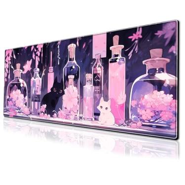 Imagem de Tapete de rato fofo para jogos de gato anime rosa kawaii grande tapete de mesa, 80 x 29 cm, tapete de teclado com base de borracha antiderrapante estendida com bordas costuradas para mesa, escritório