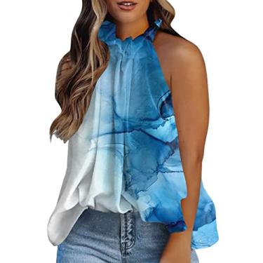 Imagem de Regata feminina frente única estampada para resort de verão sem mangas, ajuste solto, camiseta casual para férias, Azul, G