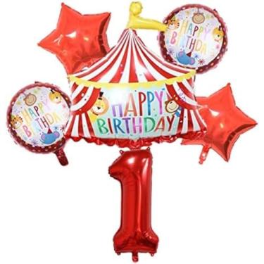 Imagem de Conjunto de balões de festa de circo vermelho, balões de tenda de aniversário, balões de número de folha de 32 polegadas, tema animal, decoração de festa de aniversário infantil
