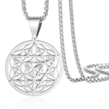 Imagem de VASSAGO Merkabah na flor da vida, colar mandala, geométrico, estrela, tetraedro, merkaba, pingente budista, flor de lótus, mandala, presente para mulheres e homens, Aço inoxidável, Sem Pedra Preciosa