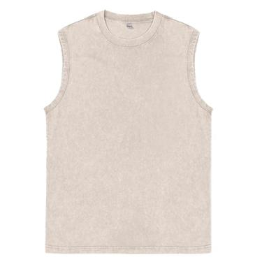 Imagem de SnowElve Camiseta regata masculina de treino sem manga camiseta masculina com lavagem ácida para academia, corrida, praia, caimento solto, Marfim, P