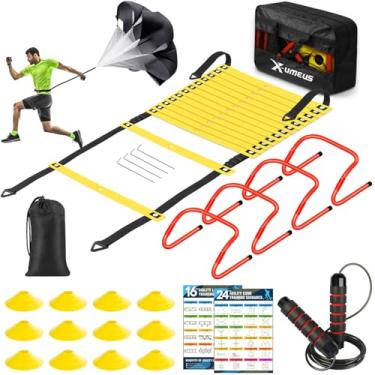 Imagem de X-UMEUS Agility Ladder Speed Training Equipment Set - Escada de agilidade de 6 metros, 12 cones de futebol, 4 obstáculos, corda de pular, paraquedas de corrida | Equipamento de treinamento de futebol